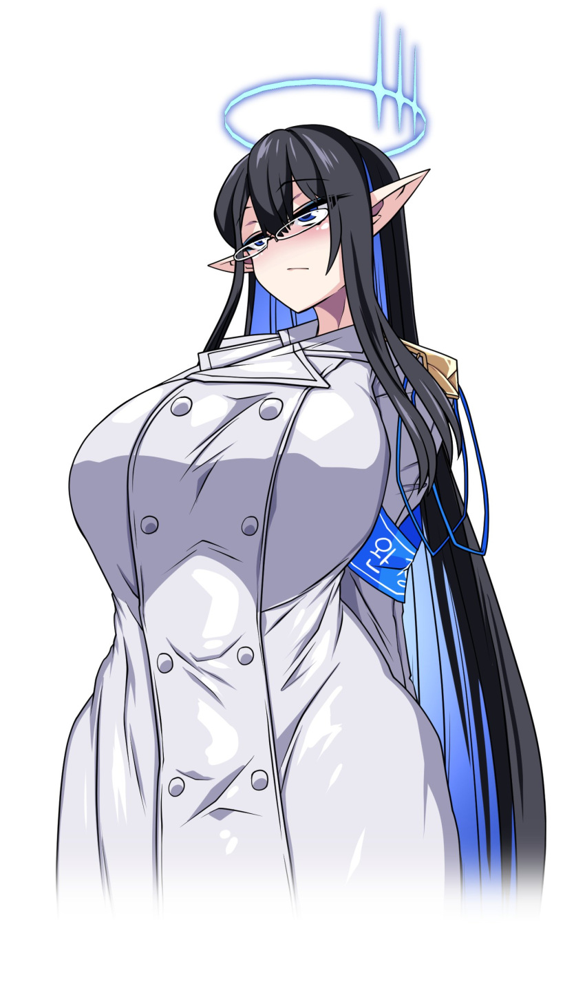 absurdres armband black_hair blue_archive blue_armband blue_eyes blue_hair blue_halo breasts coat colored_inner_hair female glasses halo highres huge_breasts lazy_ant long_hair multicolored_hair pointy_ears rin_(blue_archive) solo very_long_hair white_coat