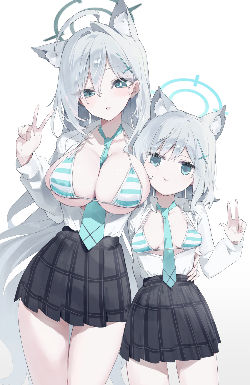 2girls absurdres ahoge animal_ear_fluff animal_ears aqua_eyes aqua_necktie between_breasts bikini black_skirt blue_archive blue_halo breasts center_opening cross cross_hair_ornament grey_hair grey_halo hair_between_eyes hair_intakes hair_ornament halo hand_up highres inverted_cross large_breasts long_hair long_sleeves looking_at_viewer meunhongcha mismatched_pupils multiple_girls necktie necktie_between_breasts plaid_clothes plaid_skirt pleated_skirt puffy_long_sleeves puffy_sleeves shiroko_(blue_archive) shiroko_terror_(blue_archive) shirt short_hair simple_background skirt small_breasts striped_bikini striped_clothes swimsuit thighs v white_background white_shirt wolf_ears wolf_girl