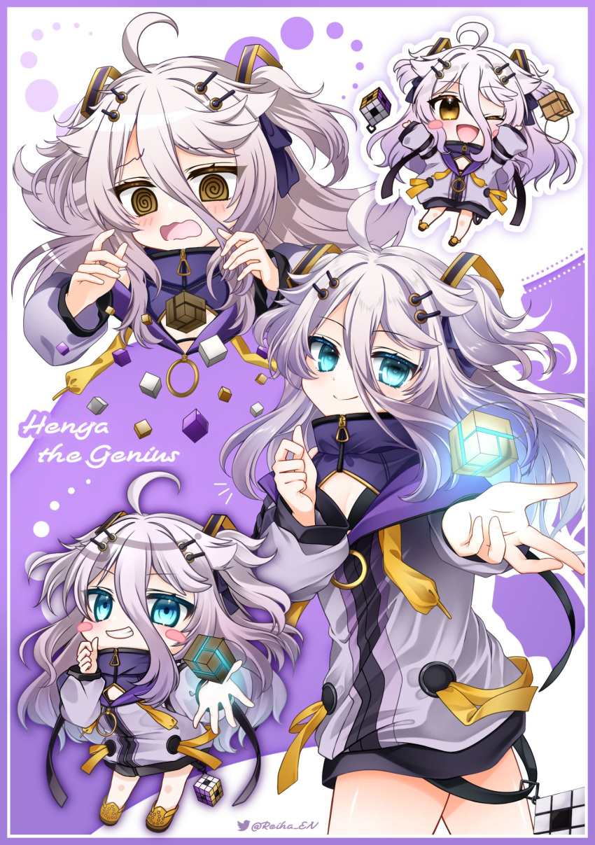 @_@ ahoge black_bra blue_eyes blush blush_stickers bra character_name cleavage_cutout closed_mouth clothing_cutout crocs dress female fujishiro_kazuha gradient_hair grey_hair hair_between_eyes hair_ornament henya_the_genius highres jacket multicolored_hair one_eye_closed open_mouth purple_dress purple_hair purple_jacket rubik's_cube smile twitter_username two-tone_background underwear virtual_youtuber vshojo yellow_eyes yellow_footwear zipper zipper_pull_tab