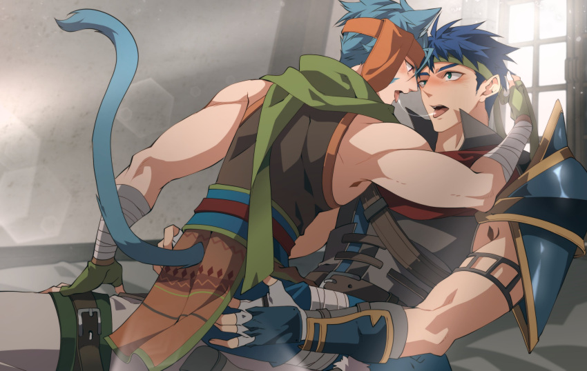 2boys after_kiss animal_ears armor bandages blue_eyes blue_hair blush cat_boy cat_ears commission couple eye_contact fingerless_gloves fire_emblem fire_emblem:_radiant_dawn gloves green_headband green_scarf hands_on_ass headband highres ike_(fire_emblem) indoors koon laguz_(fire_emblem) looking_at_another male_focus multiple_boys muscular muscular_male pauldrons ranulf_(fire_emblem) saliva saliva_trail scarf shoulder_armor single_pauldron sitting sitting_on_person sleeveless tail tongue tongue_out yaoi