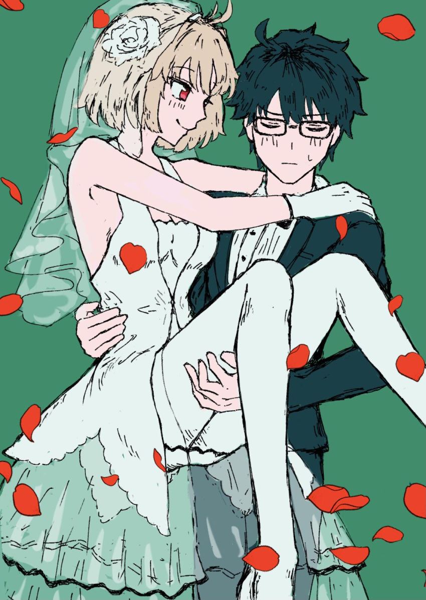 1boy 1boy1girl 1girls arcueid_brunestud black_hair_male blonde_female blonde_hair blonde_hair bride brown_hair brunette_hair brunette_male glasses heart heart holding_female post_wedding safe_for_work sfw skinny skinny_female skinny_girl skinny_male tohno_shiki tsukihime wedding wedding_veil wholesome wife wife_and_husband