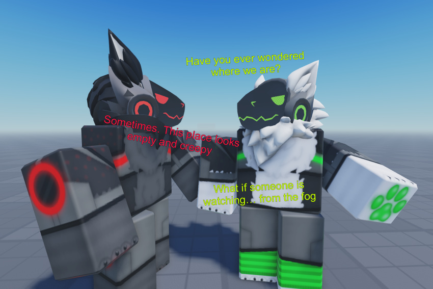 2males 3d 3d_(artwork) anthro anthro_only black_ears black_fur dialogue fog furry furry_ears furry_male furry_only green_pawpads greentoaster made_using_roblox male male/male male_focus male_only nostrils pawpads paws protogen protogen_armor protogen_visor roblox robloxian self_upload standing stockings text white_ears white_fur