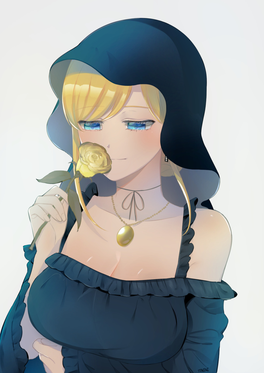 alice_lendrott black_dress black_headwear blonde_hair blue_eyes breasts cleavage dress earrings female flower highres holding holding_flower jewelry kotneo large_breasts locket long_sleeves necklace off-shoulder_dress off_shoulder pendant shinigami_bocchan_to_kuro_maid short_hair solo upper_body white_background yellow_flower