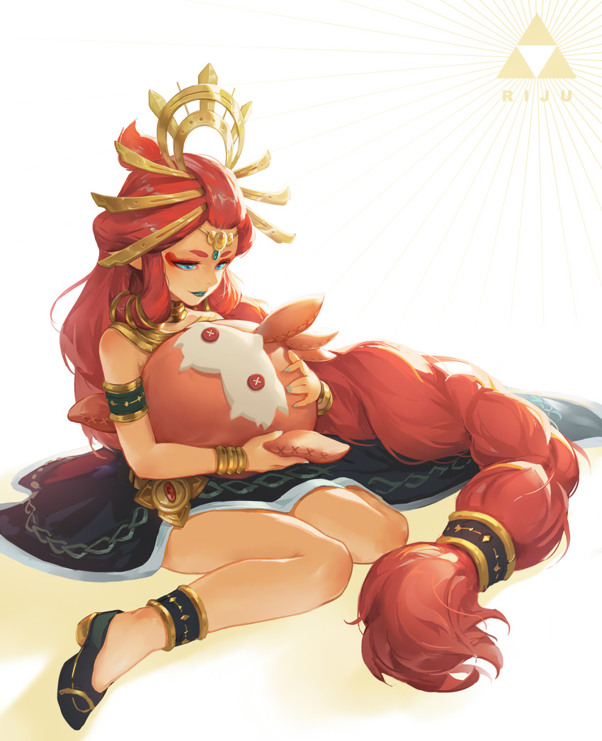 ace86 blue_eyes blue_lips braid braided_ponytail button_eyes buttons character_name commentary dark-skinned_female dark_skin eyeshadow female gerudo highres holding holding_stuffed_toy jewelry lipstick long_hair makeup neck_ring red_hair riju sand_seal_(zelda) sitting solo stuffed_toy stuffed_walrus the_legend_of_zelda the_legend_of_zelda:_breath_of_the_wild thick_eyebrows triforce very_long_hair