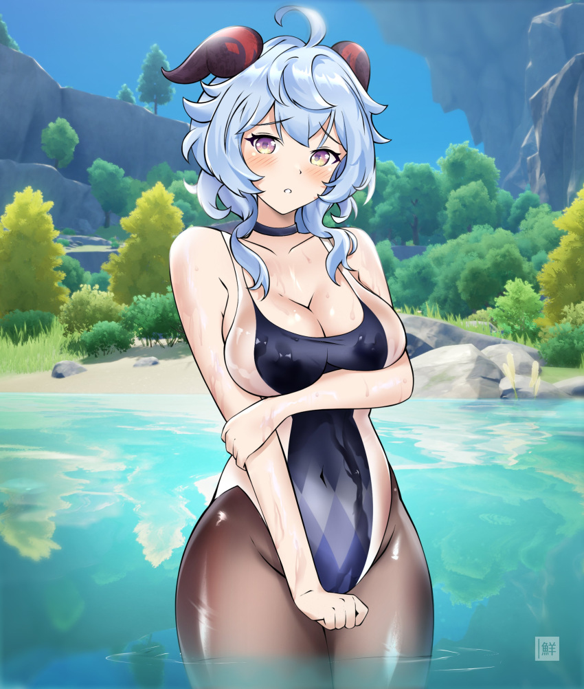 absurdres ahoge artist_logo bare_shoulders black_choker black_pantyhose blue_hair breast_hold breasts bush choker cleavage cliff covered_navel cowboy_shot female freshtango ganyu_(genshin_impact) genshin_impact goat_girl goat_horns hair_between_eyes highleg highleg_swimsuit highres horns lake looking_at_viewer medium_breasts medium_hair multicolored_eyes open_mouth outdoors pantyhose pantyhose_under_swimsuit shiny_clothes shiny_skin sky solo swimsuit tree water wet