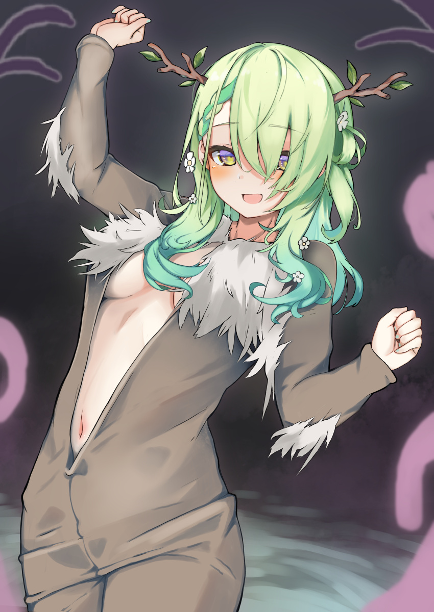 absurdres alternate_costume animal_costume antlers arm_up asymmetrical_bangs braid breasts center_opening ceres_fauna chainsaw_man cowboy_shot female flower future_devil_(chainsaw_man) green_hair green_nails hair_flower hair_ornament hair_over_one_eye hand_up highres hololive hololive_english horns johnny_(braun-kan_cafe) long_hair looking_at_viewer medium_breasts mole mole_under_eye navel one_side_up open_mouth smile solo virtual_youtuber yellow_eyes