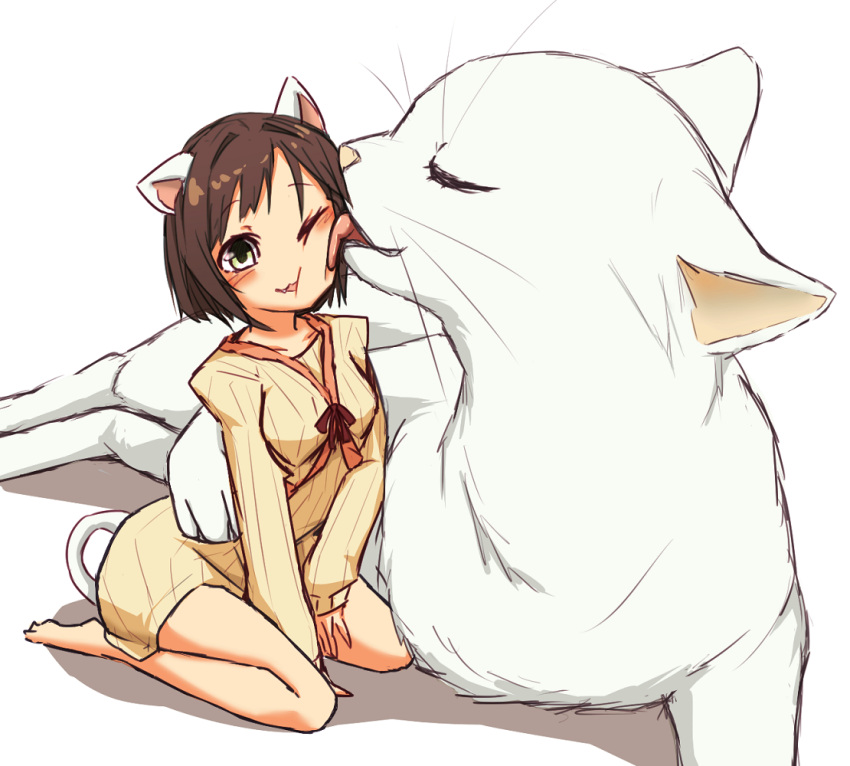 :3 :d affectionate animal animal_ears bare_legs barefoot between_legs breasts brown_hair cat_ears cat_girl cat_tail closed_eyes collarbone commentary dress eyebrows_hidden_by_hair feline female full_body green_eyes hand_between_legs hug idolmaster idolmaster_cinderella_girls ito_(itokayu) licking long_sleeves lying maekawa_miku oerba_yun_fang on_side one_eye_closed open_mouth oversized_animal parted_bangs seiza shadow short_hair simple_background sitting smile solo sweater sweater_dress tail tongue tongue_out white_background