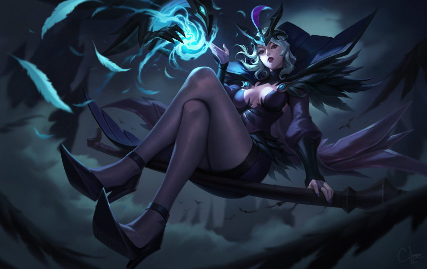 ankle_strap black_footwear black_pantyhose black_skirt breasts bridal_gauntlets cape center_opening citemer cleavage feather_trim feathers female forehead_jewel full_body glowing green_hair hand_up high_heels highres knees_together_feet_apart league_of_legends leblanc_(league_of_legends) looking_at_viewer looking_down makeup mascara mixed-language_commentary official_alternate_costume outdoors pantyhose parted_lips puffy_sleeves ravenborn_leblanc red_eyes red_lips sitting skirt solo staff thighs