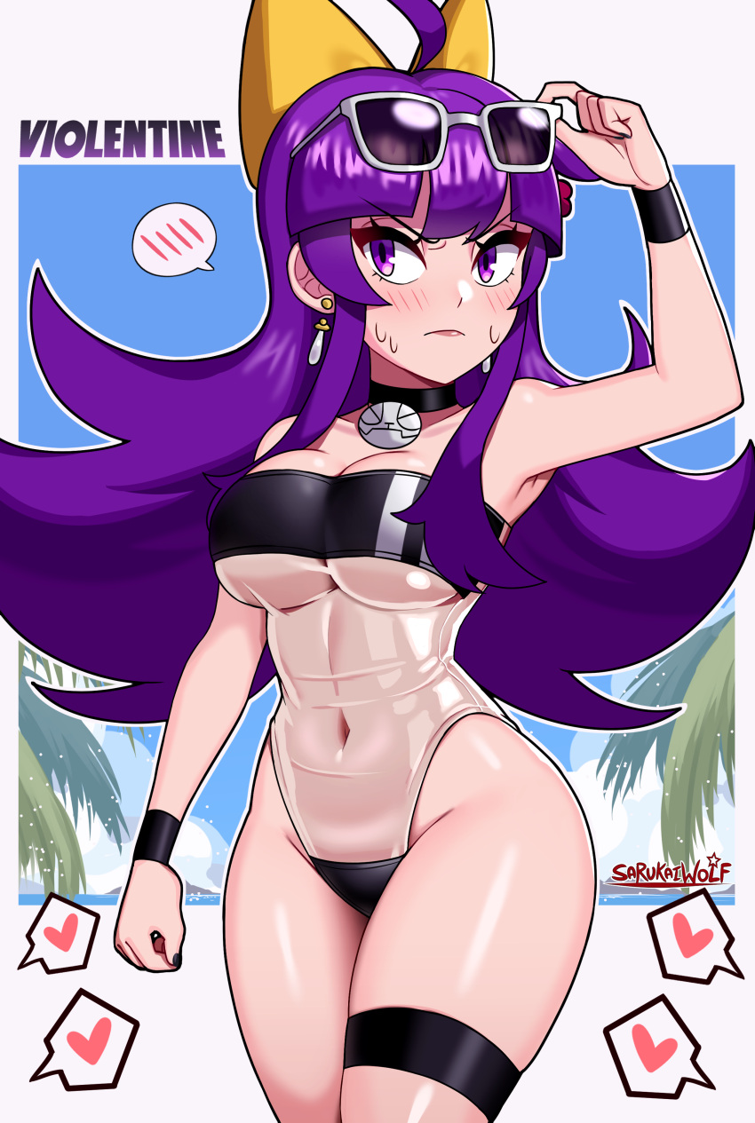 absurdres ahoge black_choker black_one-piece_swimsuit breasts casual_one-piece_swimsuit choker covered_navel earrings eyewear_on_head female gris_swimsuit heart highleg highleg_swimsuit highres jewelry large_breasts long_hair meme_attire one-piece_swimsuit original purple_eyes purple_hair sarukaiwolf see-through see-through_one-piece_swimsuit sidelocks solo speech_bubble spoken_blush spoken_heart standing strapless strapless_one-piece_swimsuit sunglasses swimsuit thigh_strap violentine_(sarukaiwolf)