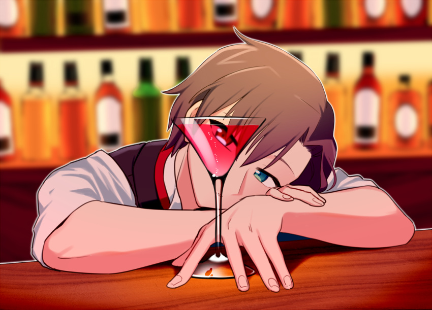 1boy alcohol arms_on_table bar_(place) bartender brown_hair cocktail_glass collared_shirt counter cup drinking_glass green_eyes head_rest kashii_kaoru looking_at_viewer mahjong_soul male_focus parted_lips shelf shinomiya_natsuki_(mahjong_soul) shirt short_hair short_sleeves solo vest white_shirt