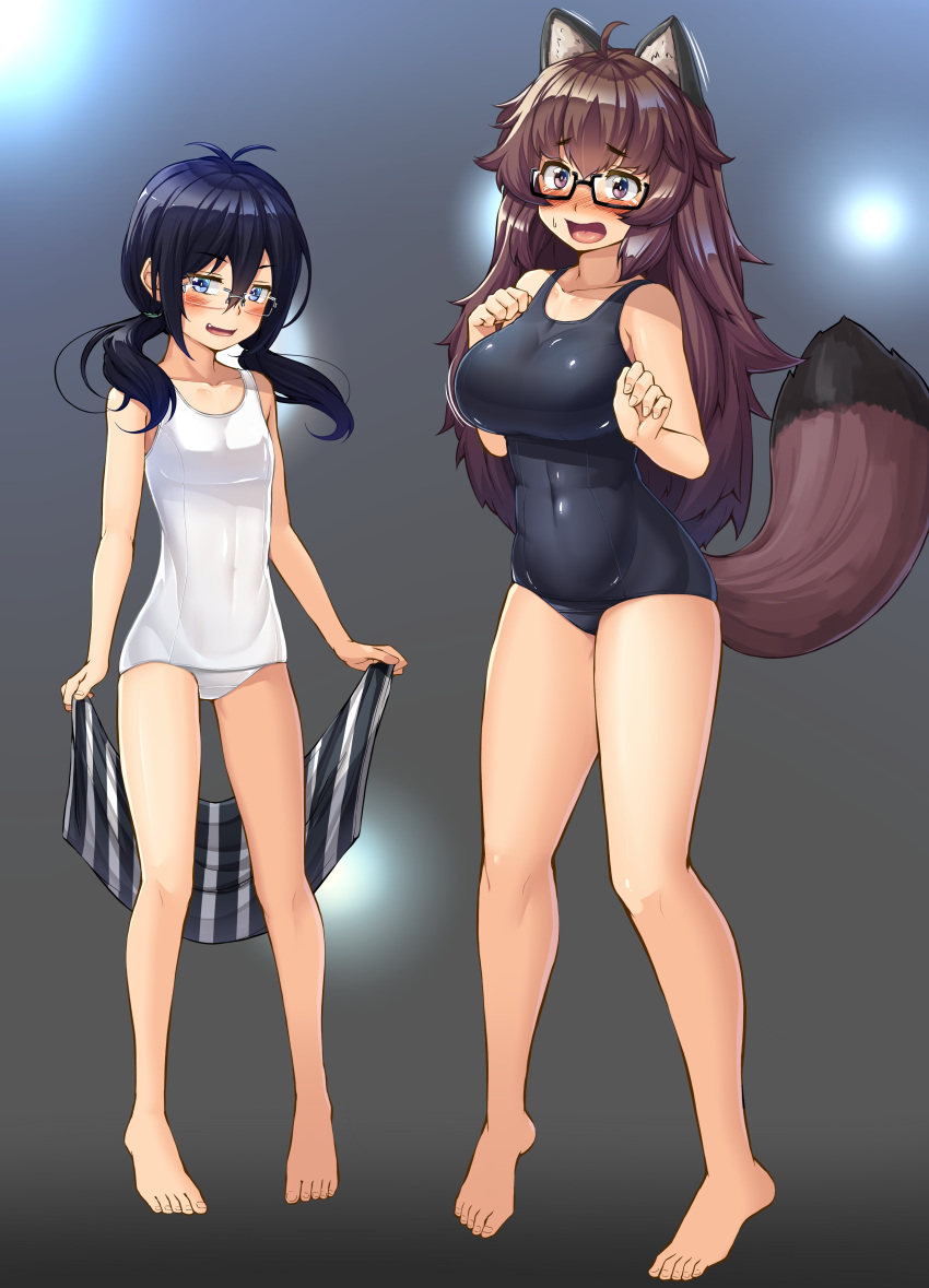 2girls absurdres ahoge animal_ear_fluff animal_ears antenna_hair barefoot black-framed_eyewear black_hair black_one-piece_swimsuit blue_eyes blush borrowed_character breasts brown_eyes brown_hair commentary_request covered_navel full_body glasses hair_between_eyes highres kamino_maihu kitsunerider large_breasts long_hair looking_at_viewer low_twintails multiple_girls one-piece_swimsuit open_mouth original raccoon_ears raccoon_tail rectangular_eyewear rimless_eyewear school_swimsuit small_breasts smile swimsuit tail twintails white_one-piece_swimsuit wotanuki-chan