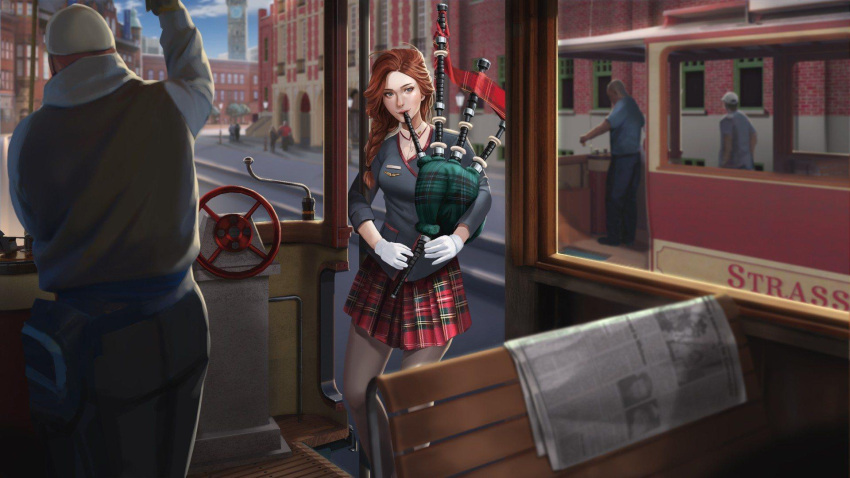 aileen_murphy_(sexy_airlines) bagpipes bench blazer blue_eyes braid brown_legwear building city cityscape collared_shirt day driving female game_cg gloves hair_over_shoulder highres holding holding_instrument instrument jacket kilt lamppost logan_cure miniskirt motor_vehicle music newspaper non-web_source on_vehicle outdoors pantyhose plaid plaid_skirt playduction playing_instrument pleated_skirt railroad_tracks red_hair riding road sexy_airlines shirt sidewalk single_braid skirt solo_focus standing street train train_interior white_gloves white_shirt