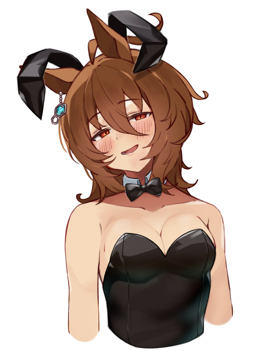 absurdres agnes_tachyon_(umamusume) ahoge animal_ears bare_shoulders black_bow black_bowtie black_leotard blush bow bowtie breasts brown_hair cleavage commentary earrings fake_animal_ears female hair_between_eyes highres horse_ears horse_girl jewelry leotard looking_at_viewer medium_breasts nontraditional_playboy_bunny open_mouth pirukusu red_eyes short_hair simple_background single_earring solo traditional_bowtie umamusume upper_body white_background