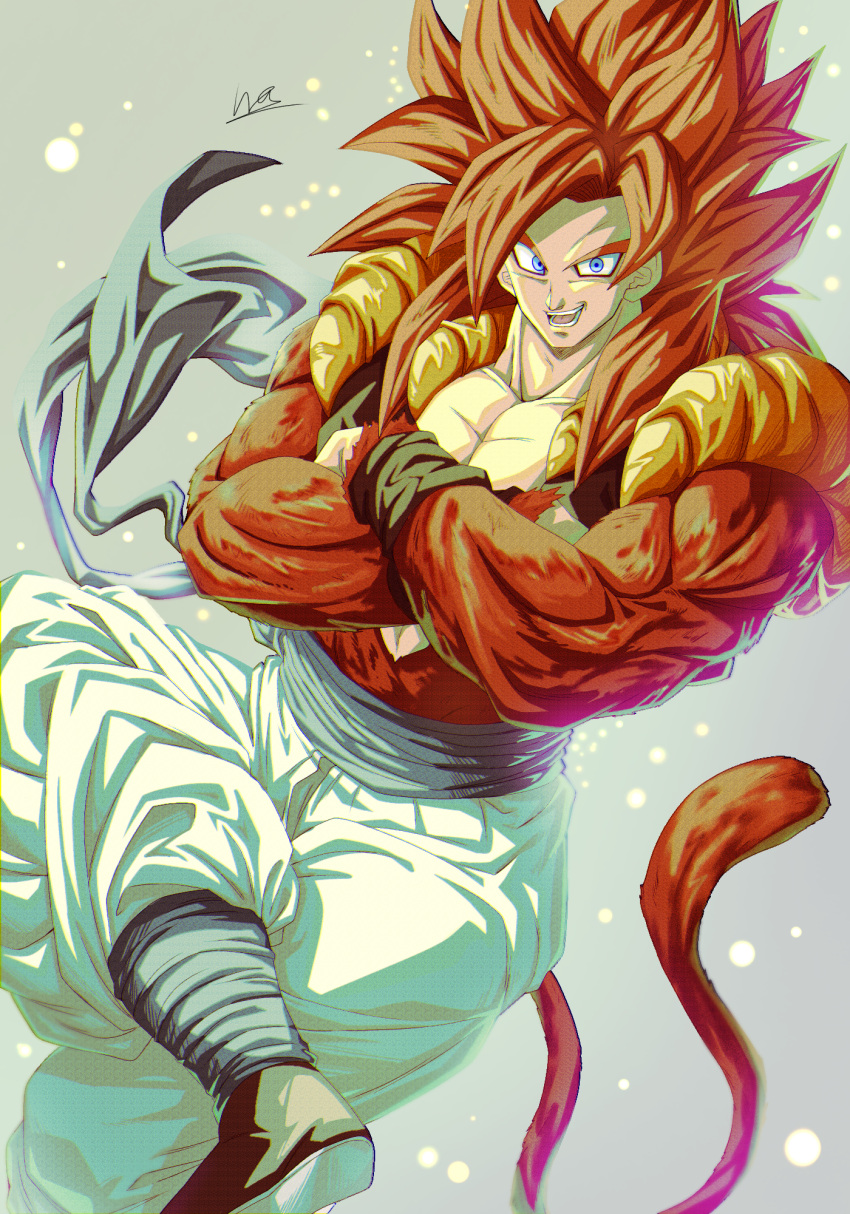 1boy :d bad_id bad_pixiv_id black_footwear body_fur commentary crossed_arms crossed_legs dragon_ball dragon_ball_gt gogeta highres looking_at_viewer looking_up male_focus metamoran_vest monkey_boy monkey_tail muscular muscular_male obi open_mouth pants red_fur red_hair sash sekitsuki_hayato signature sitting smile solo spiked_hair super_saiyan super_saiyan_4 tail teeth white_pants