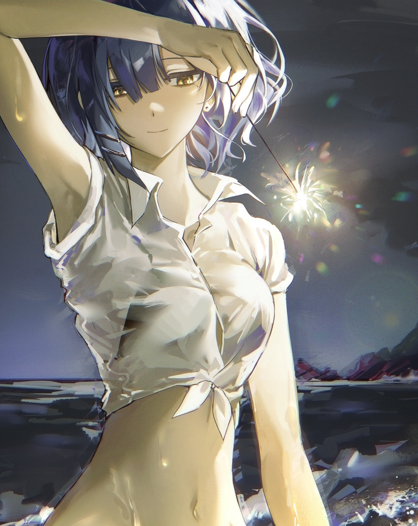 blue_hair bocchi_the_rock! closed_mouth collared_shirt ear_piercing female highres holding holding_fireworks mole mole_under_eye navel night ocean outdoors piercing shirt short_hair short_sleeves smile solo upper_body white_shirt yamada_ryo yellow_eyes zuzu_(wckd7545)