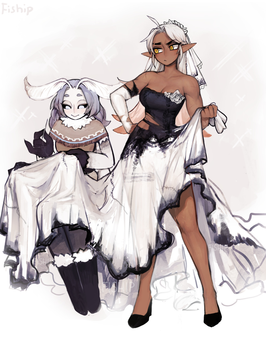 2girls :> absurdres ahoge animal_hands antennae arthropod_girl artist_name bare_shoulders black_footwear black_sclera boots breasts bridal_veil capelet collarbone colored_sclera commentary dark-skinned_female dark_elf dark_skin dress elbow_gloves elf english_commentary frown fur-trimmed_boots fur_collar fur_trim gloves gradient_hair hand_on_own_hip highres legs_apart matilda_fiship medium_breasts monster_girl moth_girl mother_lumi_(matilda_fiship) multicolored_hair multiple_girls muscular muscular_female needle no_pupils olivia_(matilda_fiship) original pointy_ears sewing simple_background sitting sparkle torn_clothes torn_dress torn_gloves veil wedding_dress white_eyes white_hair yellow_eyes