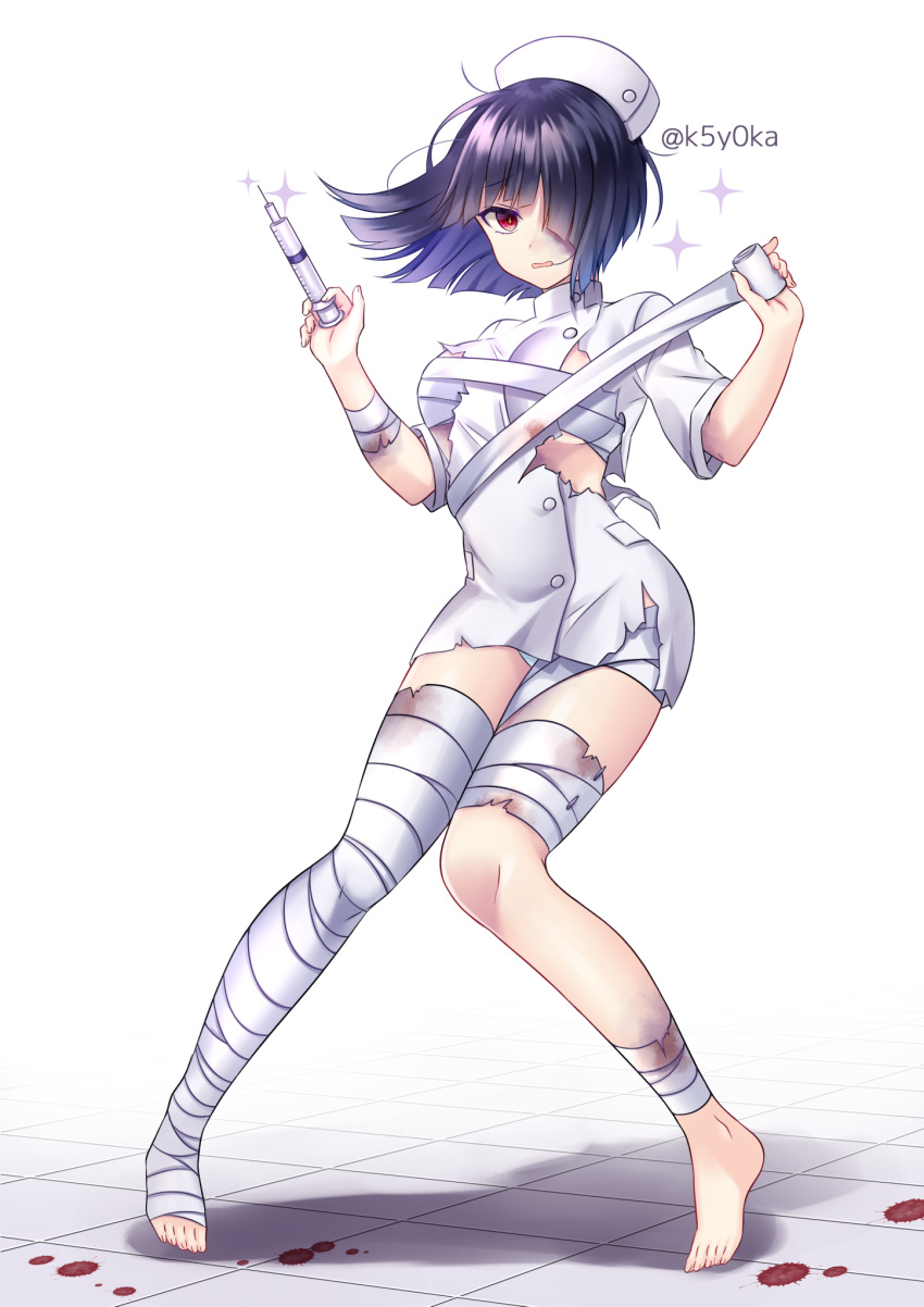 artist_name bandage_over_one_eye bandaged_arm bandaged_head bandaged_leg bandages bandaid black_hair blood colored_inner_hair commentary_request female full_body hair_over_one_eye hands_up hat highres holding holding_bandages holding_syringe jacket knees_together_feet_apart koyoka looking_at_viewer multicolored_hair naked_bandage nurse nurse_cap original purple_hair red_eyes short_hair short_sleeves solo syringe tile_floor tiles torn_clothes torn_jacket uniform white_jacket