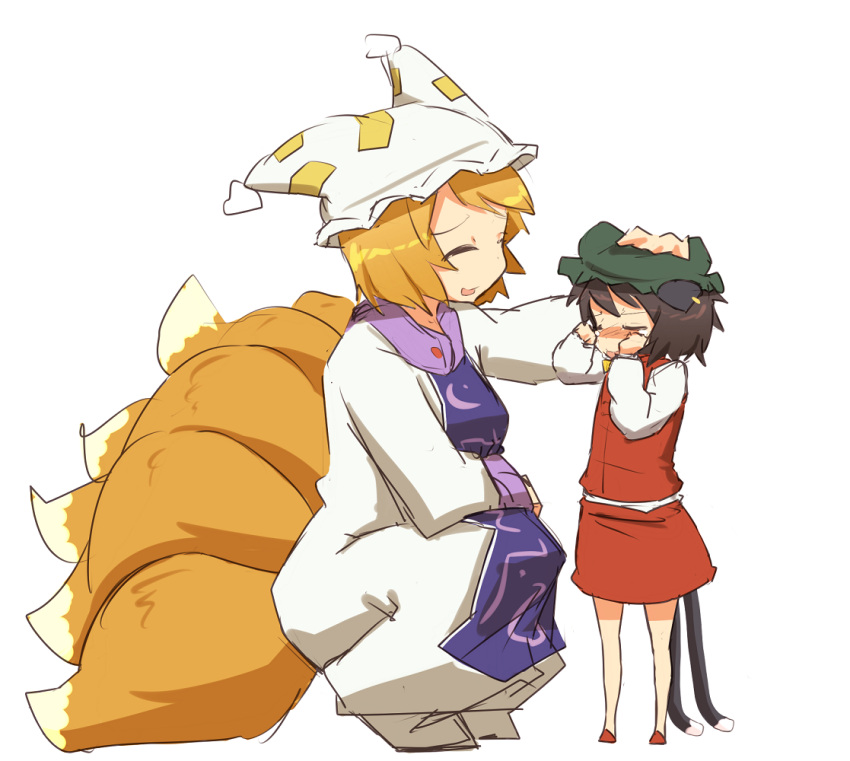 2girls age_difference aged_down animal_ear_piercing animal_ears blonde_hair cat_ears cat_girl cat_tail chen commentary_request crescent_print crying fox_ears fox_girl fox_tail full_body hands_up hat headpat ito_(itokayu) kitsune long_sleeves mob_cap multiple_girls multiple_tails open_mouth partial_commentary purple_tabard red_skirt short_hair simple_background skirt squatting standing tabard tail tears touhou two_tails white_background white_headwear white_sleeves yakumo_ran