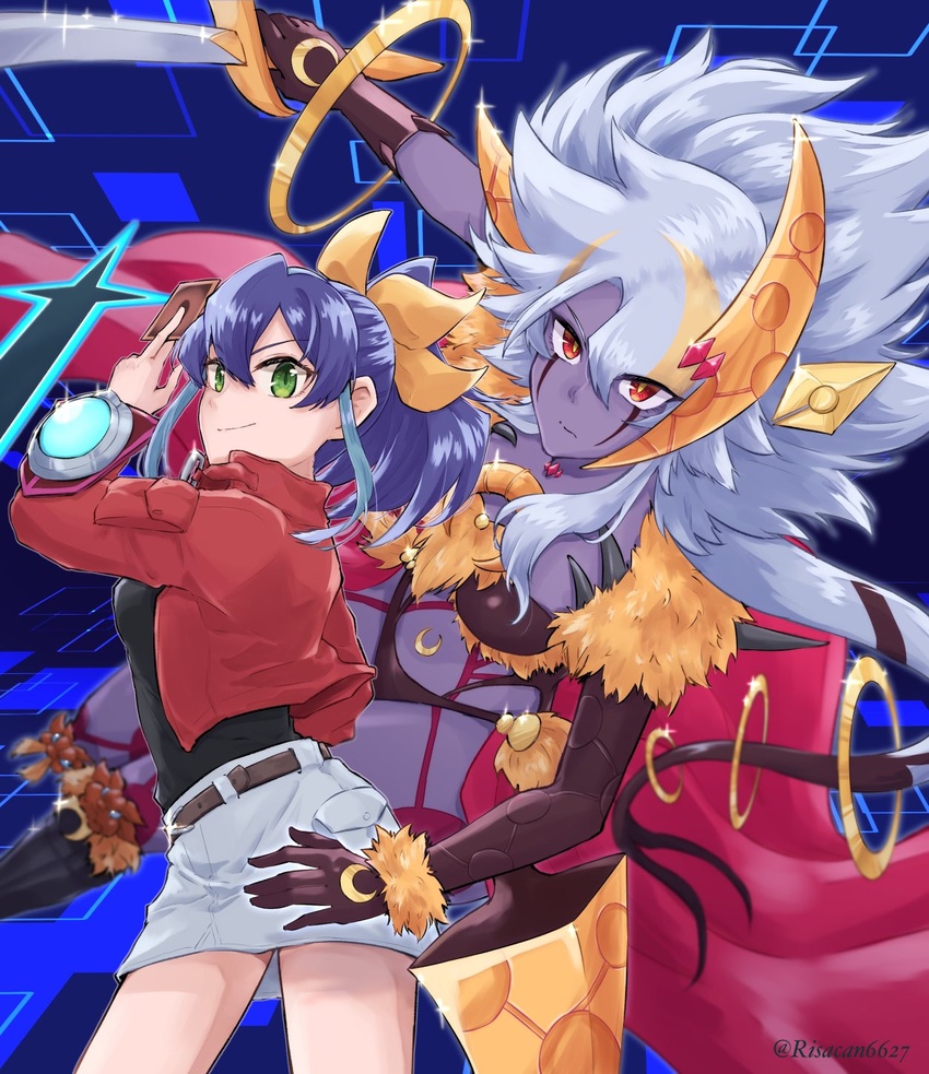 belt bikini black_shirt card colored_skin duel_academy_uniform_(yu-gi-oh!_arc-v) duel_disk duel_monster female hair_ribbon hand_on_another's_hip highres holding holding_card holding_weapon jacket lunalight_leo_dancer miniskirt multicolored_hair purple_hair purple_skin red_eyes red_jacket ribbon risacan6627 serena_(yu-gi-oh!) shirt skirt streaked_hair swimsuit sword weapon yellow_ribbon yu-gi-oh! yu-gi-oh!_arc-v