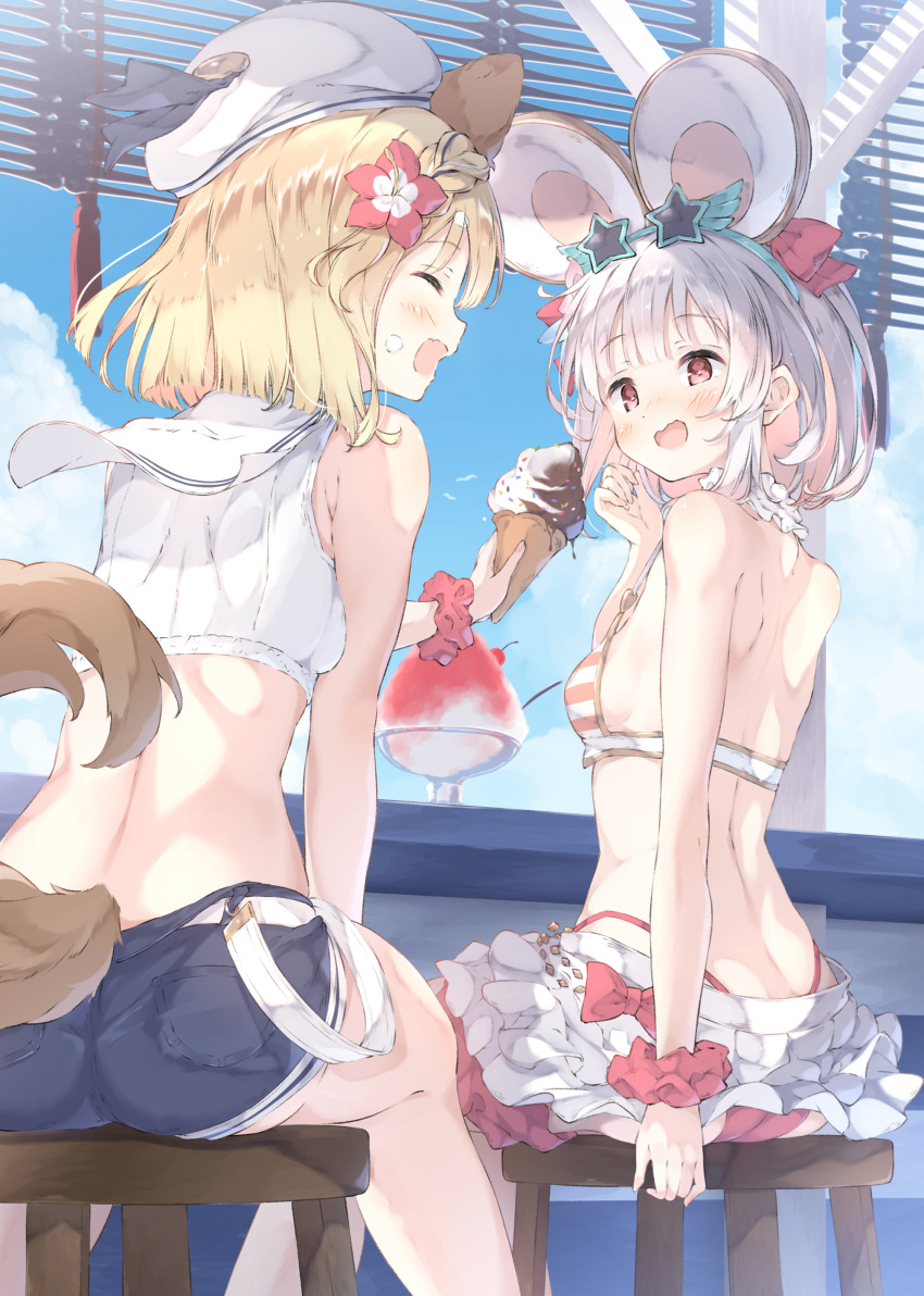 2girls ^_^ absurdres animal_ears ass back beret bikini blonde_hair blue_shorts blush braid cherry closed_eyes cloud commentary dog_ears dog_tail erune eyewear_on_head feeding flower food food_on_face from_behind fruit granblue_fantasy hair_flower hair_ornament hat highres holding holding_ice_cream_cone ice_cream ice_cream_cone looking_at_another mouse_ears multiple_girls profile red_eyes sailor_collar shaved_ice short_hair shorts sitting skirt sky star-shaped_eyewear star_(symbol) stool striped_bikini striped_clothes sunglasses swimsuit tail ukiwakisen vajra_(granblue_fantasy) vajra_(summer)_(granblue_fantasy) vikala_(blooming_summer_wallflower)_(granblue_fantasy) vikala_(granblue_fantasy) wavy_mouth white_hair white_sailor_collar white_skirt