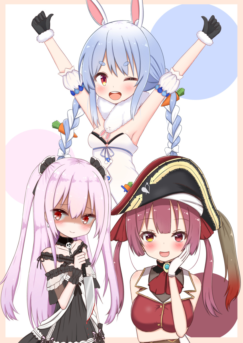 3girls ;d absurdres animal_ear_fluff animal_ears armpits arms_up arrow_(projectile) arrow_through_heart bare_shoulders bicorne black_dress black_gloves black_headwear black_leotard blood blood_on_knife blue_hair blush braid breasts brown_eyes collarbone commentary_request detached_sleeves don-chan_(usada_pekora) dress fur-trimmed_gloves fur_trim gloves hair_between_eyes hair_ribbon hat heart heterochromia highres holding holding_knife hololive houshou_marine houshou_marine_(1st_costume) jiu_(sdesd3205) knife leotard leotard_under_clothes long_hair medium_breasts multicolored_hair multiple_girls off-shoulder_dress off_shoulder one_eye_closed open_mouth pink_hair puffy_short_sleeves puffy_sleeves rabbit_ears red_eyes red_hair red_ribbon red_shirt ribbon see-through see-through_sleeves shirt short_eyebrows short_sleeves sleeveless sleeveless_shirt smile strapless strapless_dress strapless_leotard teeth thick_eyebrows twin_braids twintails two-tone_hair two_side_up upper_teeth_only uruha_rushia uruha_rushia_(3rd_costume) usada_pekora usada_pekora_(1st_costume) very_long_hair virtual_youtuber white_background white_dress white_hair white_sleeves