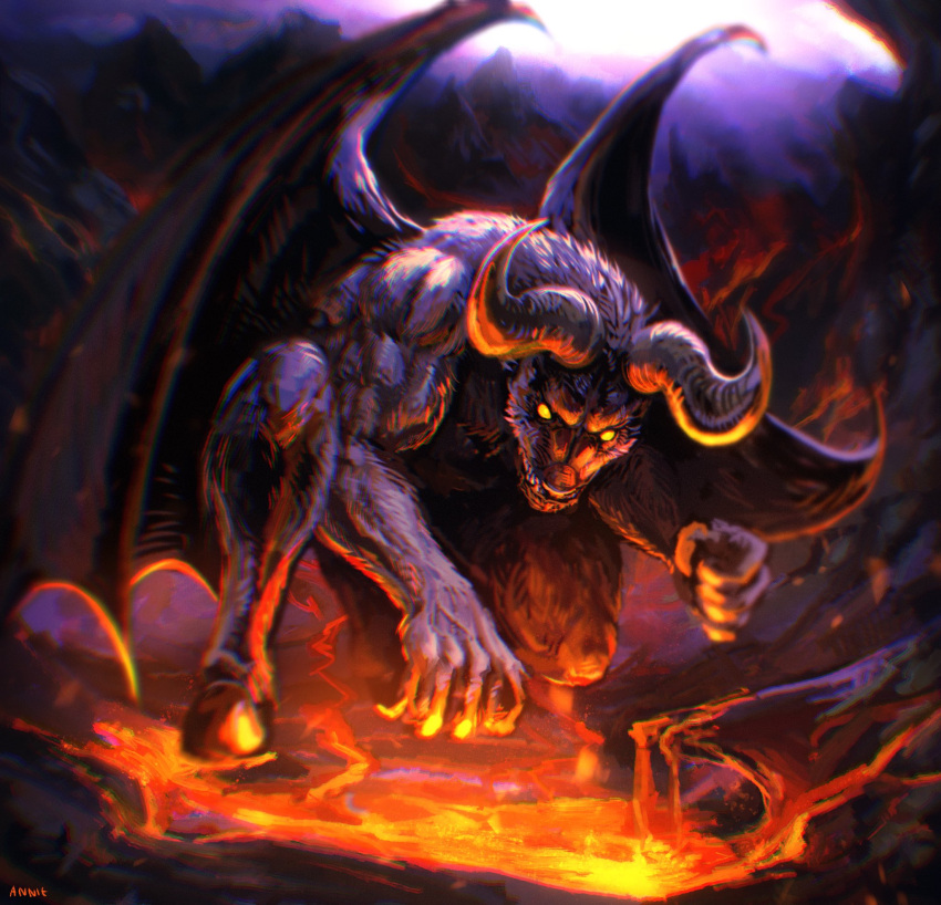 anniechromes berserk demon demon_horns full_body highres horns lava looking_at_viewer night no_humans on_one_knee outdoors teeth wings yellow_eyes zodd_(berserk)