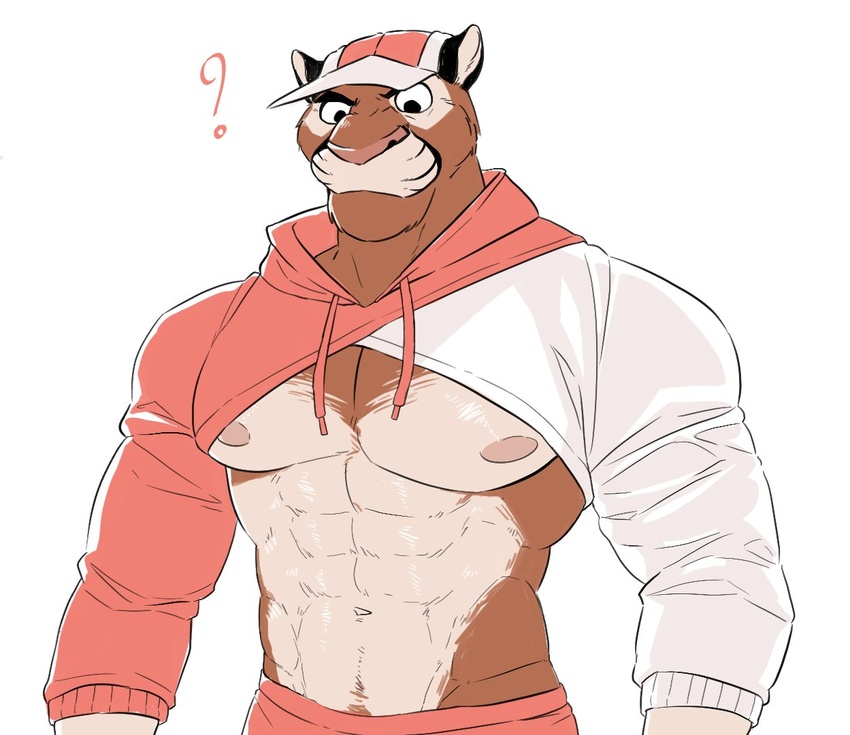 2020 abs andre_(chirenbo) anthro baseball_cap chirenbo clothing cougar digital_media_(artwork) felid feline fur hat headgear headwear male mammal mrusuk_crop_top muscular muscular_anthro muscular_male navel nipples pecs simple_background solo