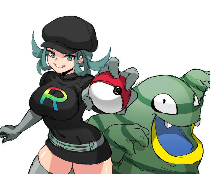 absurdres alolan_grimer alternate_color bad_id bad_pixiv_id black_shirt breasts cleanerjay clenched_teeth commentary covered_navel cowboy_shot fang_out female gloves green_eyes green_hair grey_gloves hat highres holding holding_poke_ball looking_at_viewer oerba_yun_fang open_mouth outstretched_hand poke_ball poke_ball_(basic) pokemon pokemon_(creature) pokemon_usum rainbow shiny_pokemon shirt short_hair short_sleeves simple_background solo team_rainbow_rocket_grunt team_rocket_grunt teeth thighhighs white_background