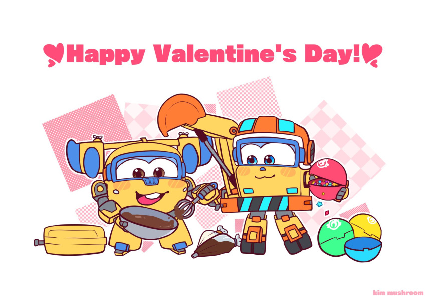 2boys aircraft airplane ball blue_eyes brown_eyes chocolate donnie_(super_wings) english_text excavator highres kim_mushroom korean_commentary mecha multiple_boys robot scoop_(super_wings) simple_background super_wings toolbox valentine