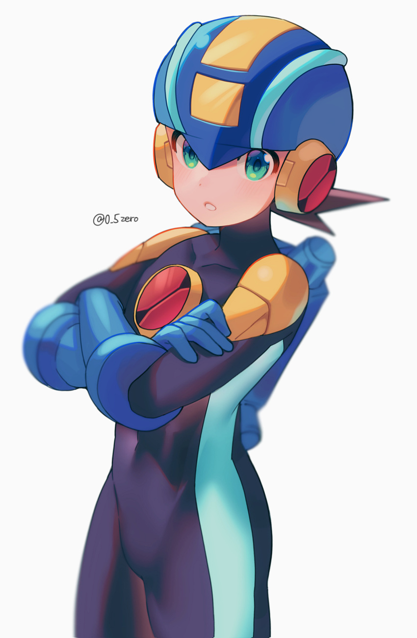 1boy blue_helmet blurry bodysuit brown_hair covered_collarbone covered_navel crossed_arms depth_of_field green_eyes grey_background helmet highres looking_at_viewer male_focus mega_man_(series) mega_man_battle_network_(series) megaman.exe netnavi parted_lips purple_bodysuit short_hair simple_background solo spiked_hair standing twitter_username zero-go