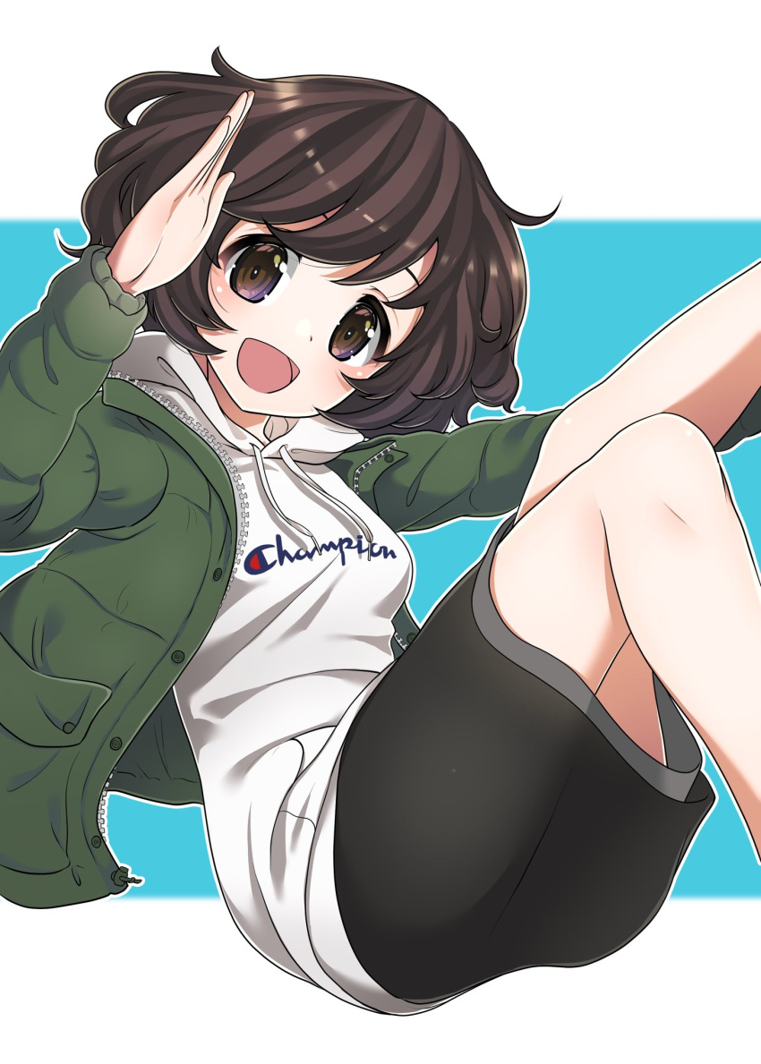 :d akiyama_yukari bad_id bad_twitter_id black_skirt blue_background brown_eyes brown_hair casual champion_(company) collaboration commentary_request drawstring female floating girls_und_panzer green_jacket highres hood hood_down hoodie jacket leg_up letterboxed logo long_sleeves looking_at_viewer medium_skirt messy_hair open_clothes open_jacket open_mouth outline ruruepa shiina_excel shirt short_hair skirt smile solo white_outline white_shirt zipper