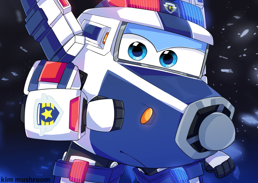 1boy aircraft airplane bad_id bad_twitter_id blue_eyes closed_mouth highres kim_mushroom looking_at_viewer mecha no_humans paul_(super_wings) police robot simple_background solo super_wings twitter_username