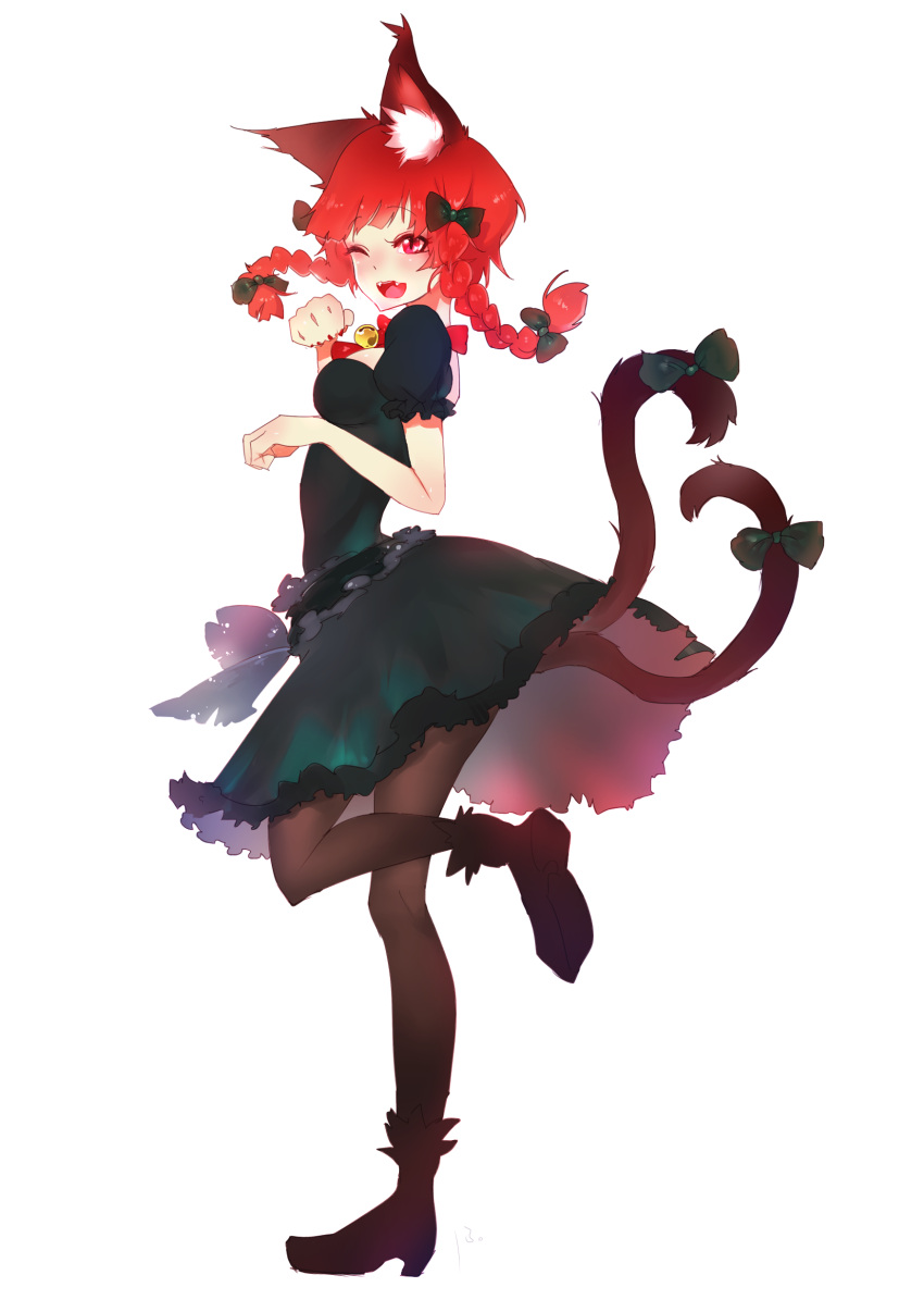 13o ;d absurdres adapted_costume animal_ear_fluff animal_ears bell black_pantyhose blunt_bangs blush bow bowtie braid breasts cat_ears dress female floating_hair full_body green_dress hand_up happy high_heels highres jingle_bell kaenbyou_rin long_hair multiple_tails nail_polish neck_bell nekomata nose_blush oerba_yun_fang one_eye_closed pantyhose paw_pose puffy_short_sleeves puffy_sleeves red_bow red_bowtie red_eyes red_hair red_nails short_sleeves simple_background skin_fang slit_pupils small_breasts smile solo standing standing_on_one_leg tail tail_bow tail_ornament touhou twin_braids two_tails white_background