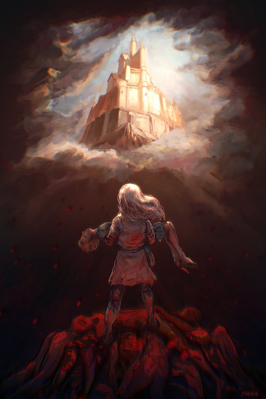 1boy anniechromes berserk blood blue_shirt castle character_request cloud corpse facing_away full_body griffith_(berserk) highres holding_person long_hair male_focus pile_of_corpses shirt short_hair standing white_hair white_shirt