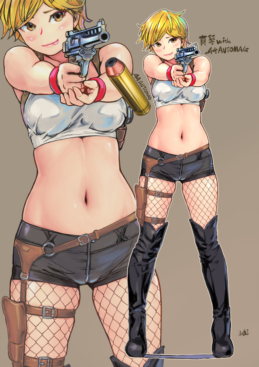 automag blonde_hair boots bullet carina_(xiaowoo) commentary_request crop_top female fishnet_pantyhose fishnets gun highres holster kaikan_change navel pantyhose saionji_makoto short_hair short_shorts shorts simple_background solo thigh_holster weapon zoom_layer