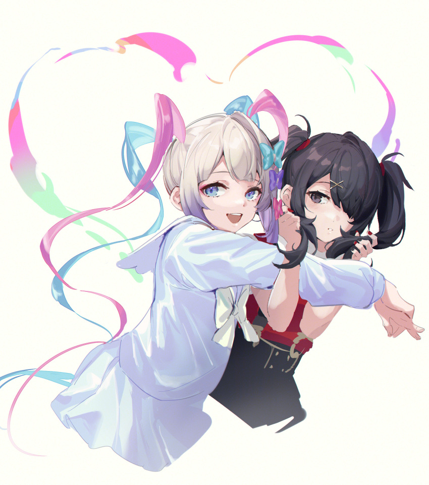 2girls :d absurdres ame-chan_(needy_girl_overdose) black_eyes black_hair blue_bow blue_hair blue_serafuku bow bowtie chinese_commentary chouzetsusaikawa_tenshi-chan commentary_request cropped_torso grey_shirt hair_ornament hair_over_one_eye hairbow highres hug long_sleeves looking_at_another looking_at_viewer multicolored_hair multiple_girls needy_girl_overdose pink_hair school_uniform serafuku shirt simple_background skirt smile teeth twintails upper_teeth_only white_background white_bow white_bowtie white_skirt x_hair_ornament yumuto_(spring1786)