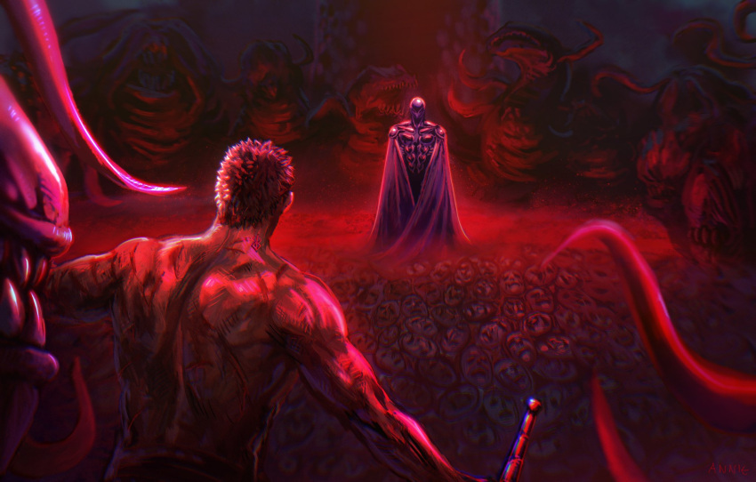 2boys anniechromes armor berserk black_hair borkoff_(berserk) breastplate cloak cuts femto_(berserk) griffith_(berserk) guts_(berserk) helmet highres injury male_focus monster multiple_boys restrained short_hair spoilers standing topless_male