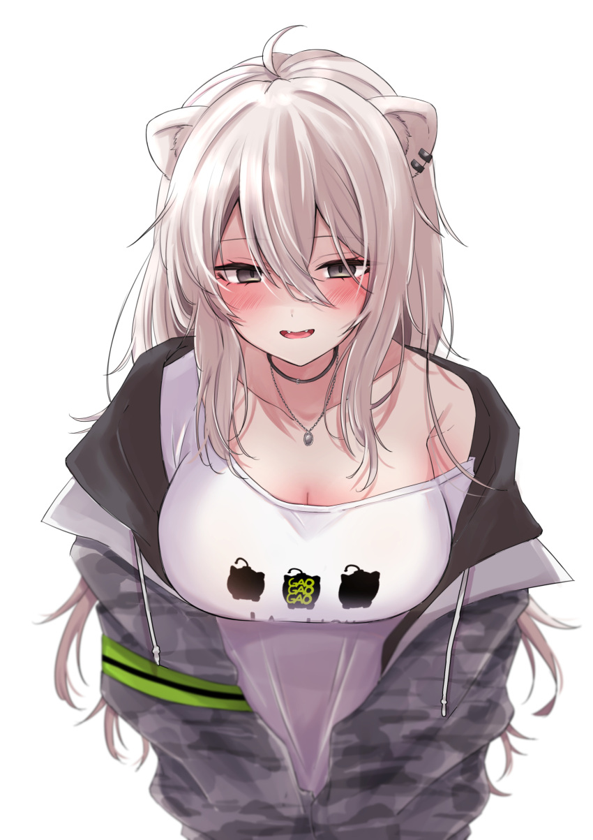 absurdres ahoge animal_ears black_eyes blush breasts camouflage camouflage_jacket cleavage commentary ear_piercing empty_eyes fangs female grey_hair grey_jacket hair_between_eyes highres hololive jacket jewelry large_breasts lion_ears lion_girl long_hair looking_at_viewer necklace nerorigogo off_shoulder official_alternate_costume open_clothes open_jacket open_mouth piercing shaded_face shirt shishiro_botan shishiro_botan_(casual) sidelocks simple_background single_bare_shoulder solo ssrb_(shishiro_botan) t-shirt upper_body virtual_youtuber white_background white_shirt