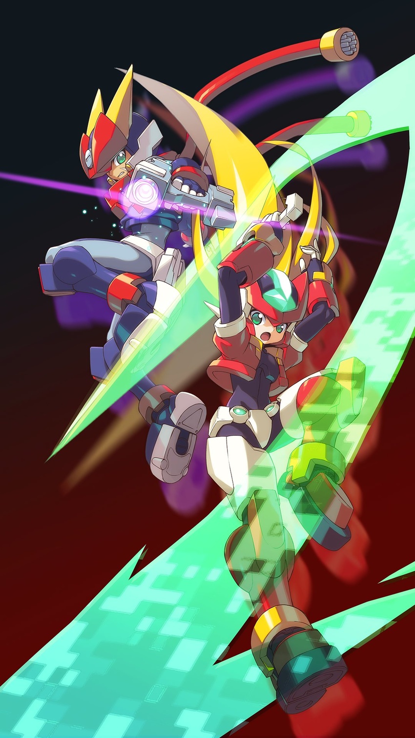 android armor blonde_hair degarashi_(ponkotsu) energy_sword full_body gradient_background green_eyes grey_(mega_man) helmet highres holding holding_sword holding_weapon jumping long_hair mega_man_(series) mega_man_zx model_a_(mega_man) model_zx_(mega_man) open_mouth power_armor red_helmet simple_background sword weapon