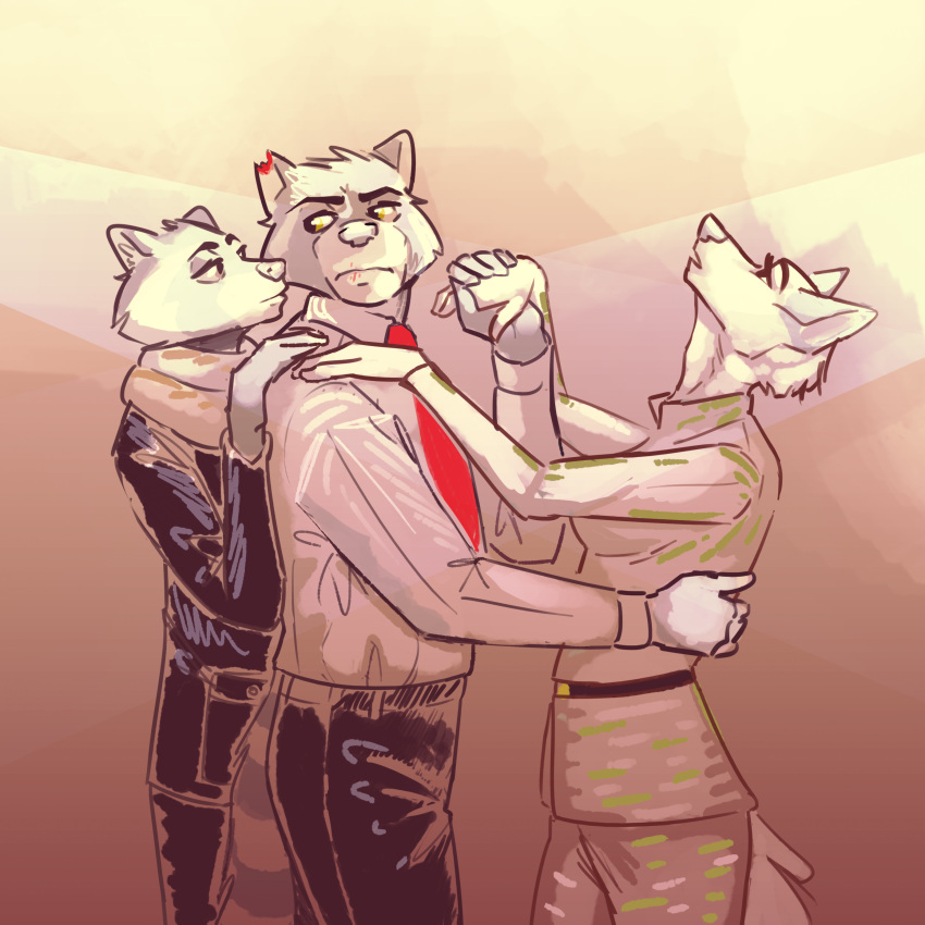 1:1 2023 absurd_res anthro anthro_on_anthro bisexual bottomwear canid canine clothing female fox group hi_res howard_lotor humanoid_hands jackiry larry_(tails_noir) male male/female male/male mammal mmf necktie pants procyonid raccoon renee_wilson scarf shirt tails_noir topwear