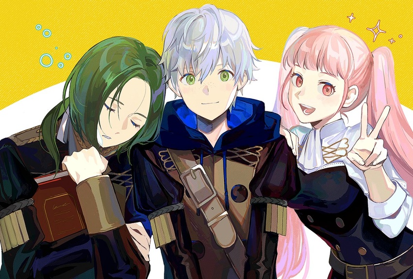 2boys ashe_ubert belt book closed_eyes closed_mouth commentary_request female fire_emblem fire_emblem:_three_houses freckles garreg_mach_monastery_uniform green_eyes green_hair grey_hair hilda_valentine_goneril holding holding_book hood hood_down hugging_book hugging_object kyufe linhardt_von_hevring long_hair long_sleeves multiple_boys open_mouth parted_lips pink_eyes pink_hair short_hair simple_background sleeping twintails uniform upper_body v