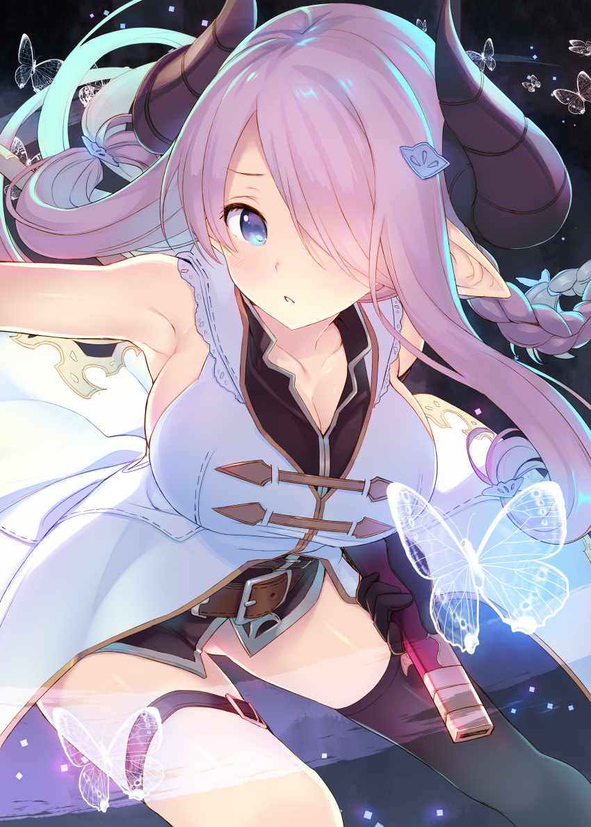 absurdres armpits ass_visible_through_thighs bare_shoulders belt belt_buckle black_gloves black_thighhighs blue_eyes blush braid breasts buckle bug butterfly cleavage collarbone draph female gloves glowing_butterfly granblue_fantasy hair_ornament hair_over_one_eye hairclip highres holding horns large_breasts leaning_forward long_hair looking_at_viewer narmaya_(granblue_fantasy) outstretched_arm parted_lips photoshop_(medium) pink_hair pointy_ears sheath shiny_skin simple_background single_thighhigh sleeveless solo tatami_to_hinoki thigh_strap thighhighs