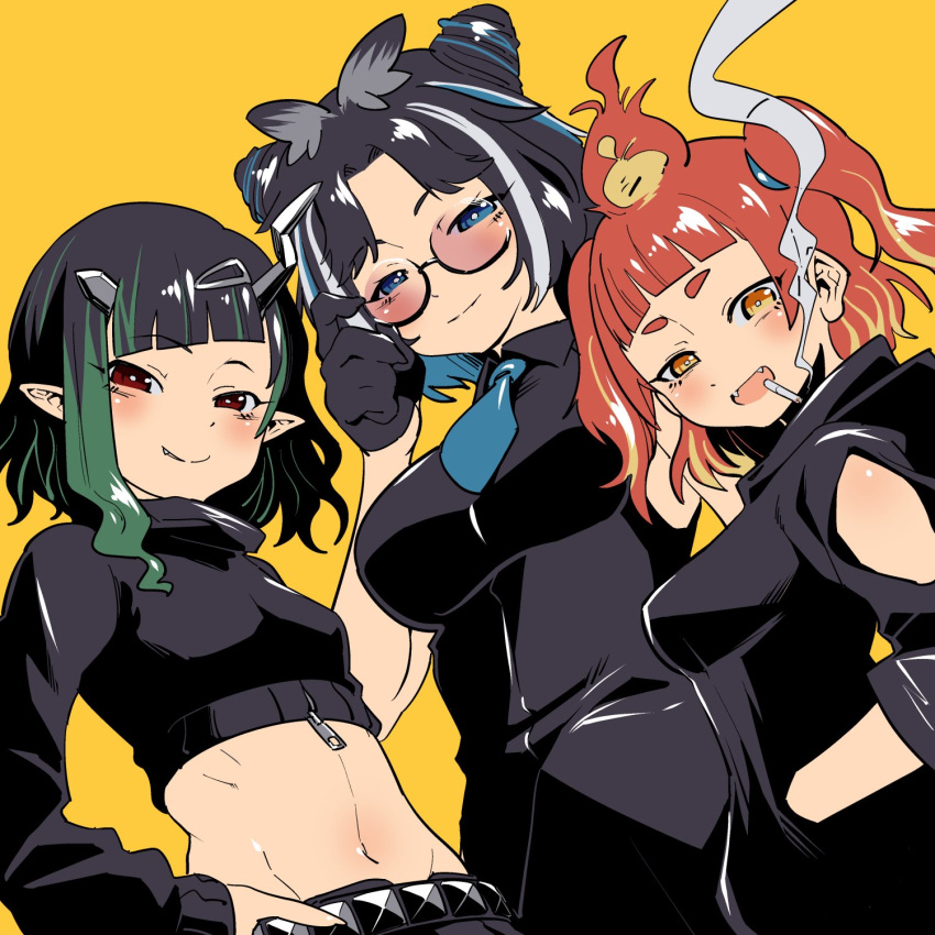 3girls adjusting_eyewear alternate_costume animare belt black_gloves black_hair black_jacket black_shirt blonde_hair blue_eyes blue_hair blue_necktie blush breasts bright_pupils cigarette closed_mouth collared_shirt commentary_request cone_hair_bun crop_top demon_girl demon_horns fang_out fangs gloves green_hair grin hair_bun hair_ornament hairclip hand_in_pocket highres hikasa_tomoshika horns jacket long_sleeves looking_at_viewer medium_breasts medium_hair midriff multicolored_hair multiple_girls nanashi_inc. nantyu-a navel necktie oerba_yun_fang open_mouth orange_hair oura_rukako pink-tinted_eyewear pointy_ears red_eyes shirt shishio_chris short_hair simple_background small_breasts smile smoke smoking streaked_hair studded_belt sugar_lyric sunglasses tinted_eyewear two-tone_hair two_side_up upper_body virtual_youtuber voms white_hair white_pupils yellow_background zipper