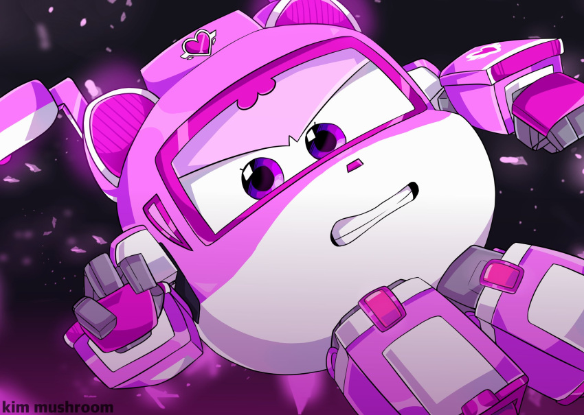 aircraft bad_id bad_twitter_id dizzy_(super_wings) female helicopter highres kim_mushroom looking_at_viewer mecha no_humans pink_eyes purple_eyes robot simple_background solo super_wings teeth twitter_username