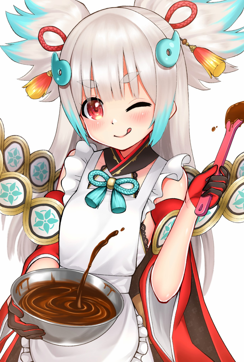 apron aqua_hair basashi_tarou bowl chocolate_making detached_sleeves dress female frilled_apron frills gloves hair_flaps half_gloves highres holding holding_bowl holding_spoon long_hair magatama_hair_ornament multicolored_hair one_eye_closed open_mouth red_eyes sleeveless sleeveless_dress solo splashing spoon tenka_hyakken thick_eyebrows tongue tongue_out tsuda_echizen-no-kami_sukehiro twintails two-tone_hair white_hair wide_sleeves