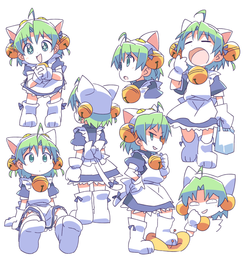 1other animal_hat apron back_bow bag bell bow cat_hat cat_tail dejiko di_gi_charat expressions female from_behind full_body gema gloves green_eyes green_hair hair_bell hair_ornament hat highres holding holding_bag jingle_bell maid maid_apron multiple_views open_mouth paw_shoes ribbon roku_no_hito simple_background sitting smile smug sparkling_eyes standing stepped_on tail white_background white_gloves yawning