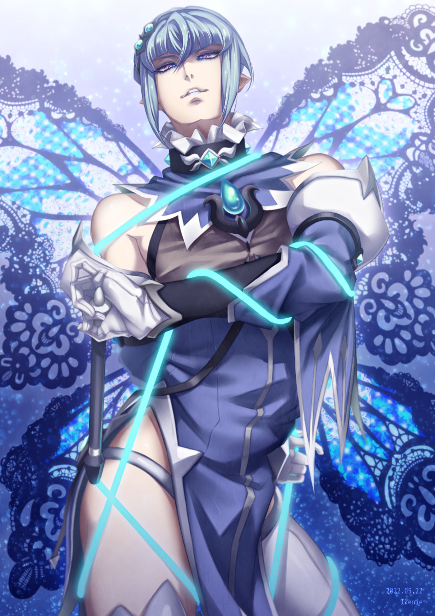 1boy arm_behind_back artist_name blue_background blue_gemstone bound butterfly_wings dated detached_sleeves fairy_ranmaru:anata_no_kokoro_otasuke_shimasu gem gloves gradient_background grey_hair hair_ornament highres holding holding_whip ikenie18 insect_wings looking_at_viewer male_focus parted_lips pointy_ears purple_background seiren_uruu solo standing whip white_gloves wings