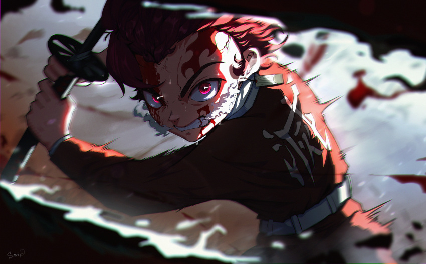 1boy absurdres angry belt blood blood_on_face blurry clenched_teeth commentary cuts demon_slayer_uniform depth_of_field earrings english_commentary furious hanafuda_earrings highres holding holding_sword holding_weapon injury japanese_clothes jewelry kamado_tanjirou katana kimetsu_no_yaiba long_sleeves male_focus red_eyes sartg scar scar_on_face scar_on_forehead serious short_hair slashing solo steam steam_from_mouth sweat sword teeth veins weapon white_belt