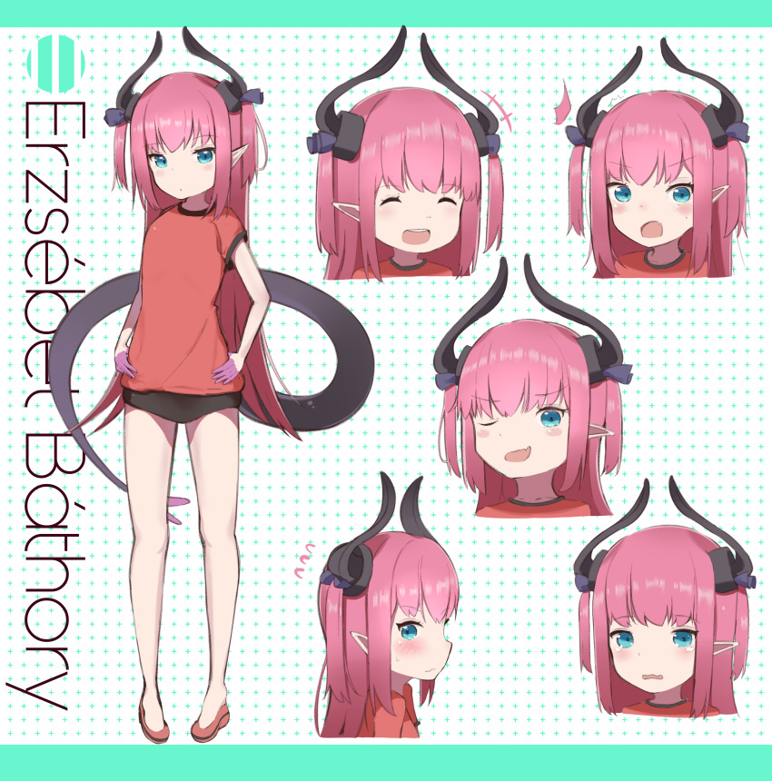 :d ^_^ absurdres asymmetrical_horns blue_eyes closed_eyes commentary_request corset curled_horns dragon_girl dragon_horns dragon_tail dress dress_flower elizabeth_bathory_(fate) elizabeth_bathory_(fate/extra_ccc) expressions fate/extra fate/extra_ccc fate/grand_order fate_(series) female flying_sweatdrops highres horns idol long_hair multiple_views open_mouth pink_hair plaid plaid_skirt pointy_ears skirt smile striped_clothes striped_dress striped_headwear tail uneven_horns vertical-striped_clothes vertical-striped_dress vertical-striped_headwear yomogi_uehara