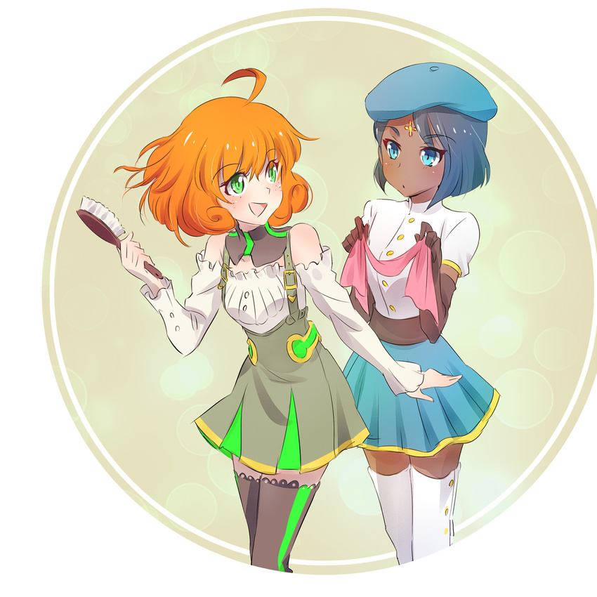 2girls beret ciel_soleil dark_skin iesupa multiple_girls orange_hair penny_(rwby) pixiv_manga_sample rwby skirt smile